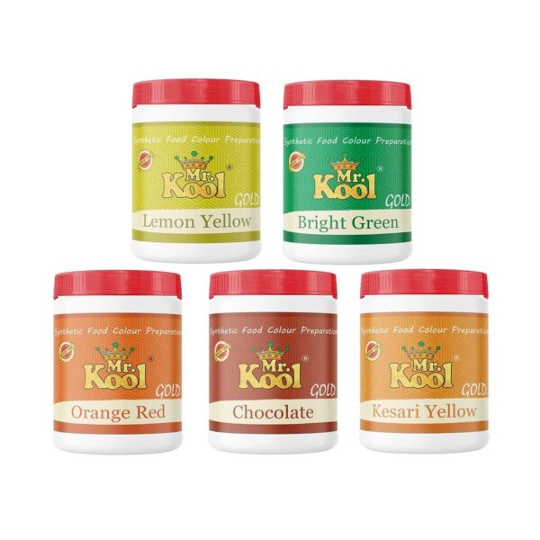 Mr.Kool Food Color Powder 20 Gm X 10 Pack - Lemon Yellow, Orange Red, Bright Green, Kesari Yellow, Chocolate ( EACH FLAVOR X 2 COMBO)