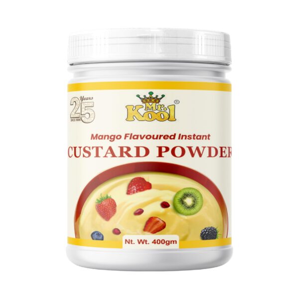 Mr. Kool Custard Powder Mango Flavor 400 Gm Jar for making fruit custard, puddings, pan cakes, etc.